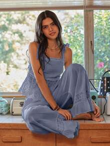 Lullawish Bohemian Style Spaghetti Strap Woven Cotton Women Pajama Set - Blue - View 6