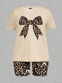 Slaydiva Plus Size Summer Casual Leopard Print Bow T-Shirt And Shorts 2 Piece Set - Apricot - View 2