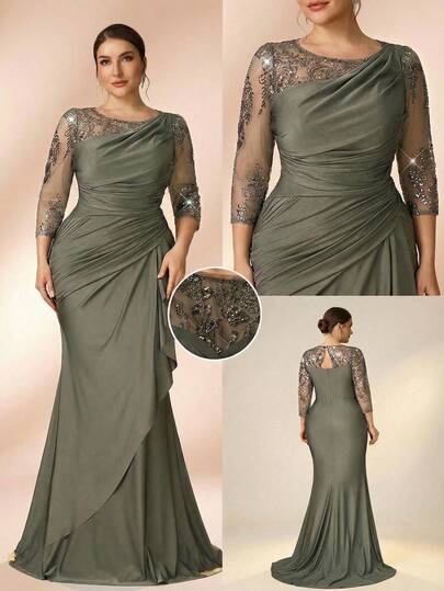Serin Plus Size Elegant Luxurious Olive Green Sequin Patchwork High-Stretch Satin Asymmetrical Pleated 3/4 Sleeve Fitted Fishtail Hem Dress, Suitable For Evening Party, Gala, Music Festival, Wedding, Mother Of The Bride Gown