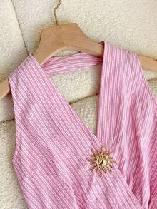 INAWLY Elegant Striped Decorative Clasp Necklace Top And Pants Two Pieces Set - Multicolor - View 7