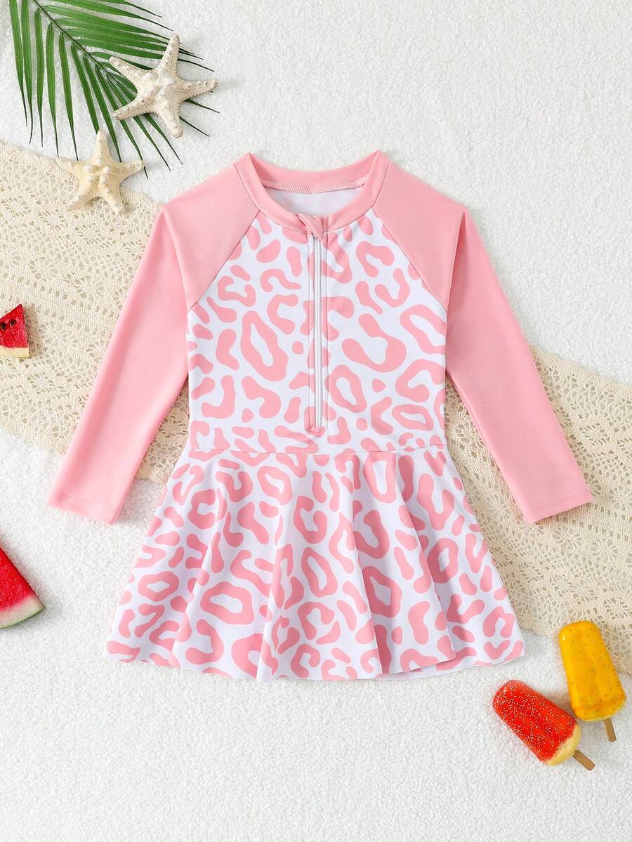 1pc Girls' One-Piece Swimsuit,White With Pink Leopard Print,Long Sleeve Rash Guard,Front Zipper Skirt Hem Design,Summer Beach Holiday Kids Swimwear - Pink - View 1
