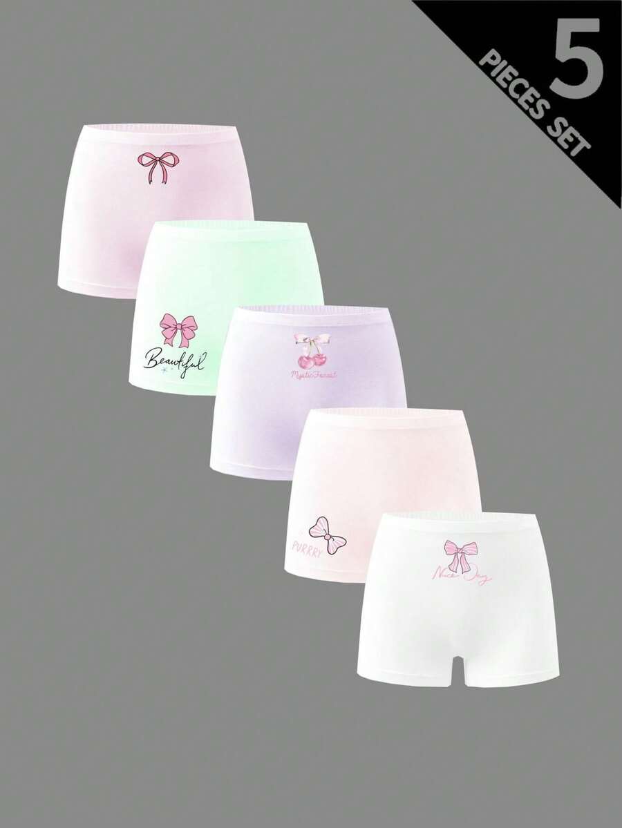 5pcs/Pack Girls' Bow Decor Comfortable Briefs - Multicolor - View 1