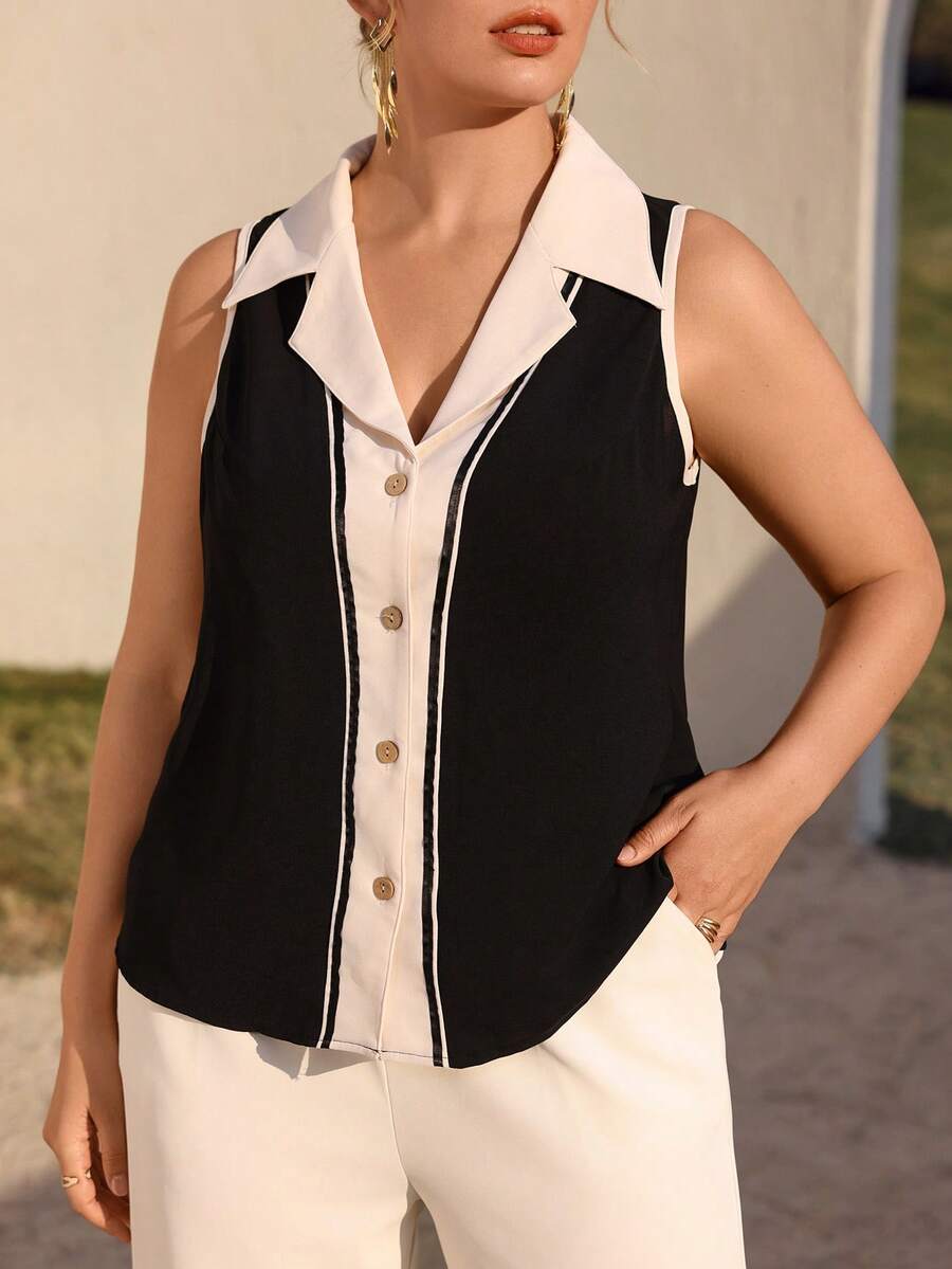 Juhart 大码优雅撞色拼接翻领无袖衬衫女式背心领上衣黑白上衣 - 彩色 - 查看 1