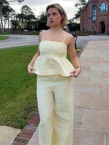 Bethéva 2件套女士优雅提花吊带背心和裤子套装，夏季 - 黃色 - 查看 4