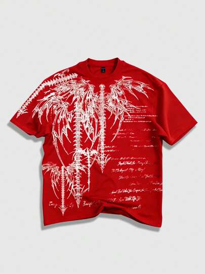 ROMWE MEN Goth All-Over Print Red Casual Round Neck Short Sleeve T-Shirt, Summer