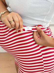 Plussiva 大码孕妇条纹高腰休闲舒适透气裤 - 粉色 - 查看 7