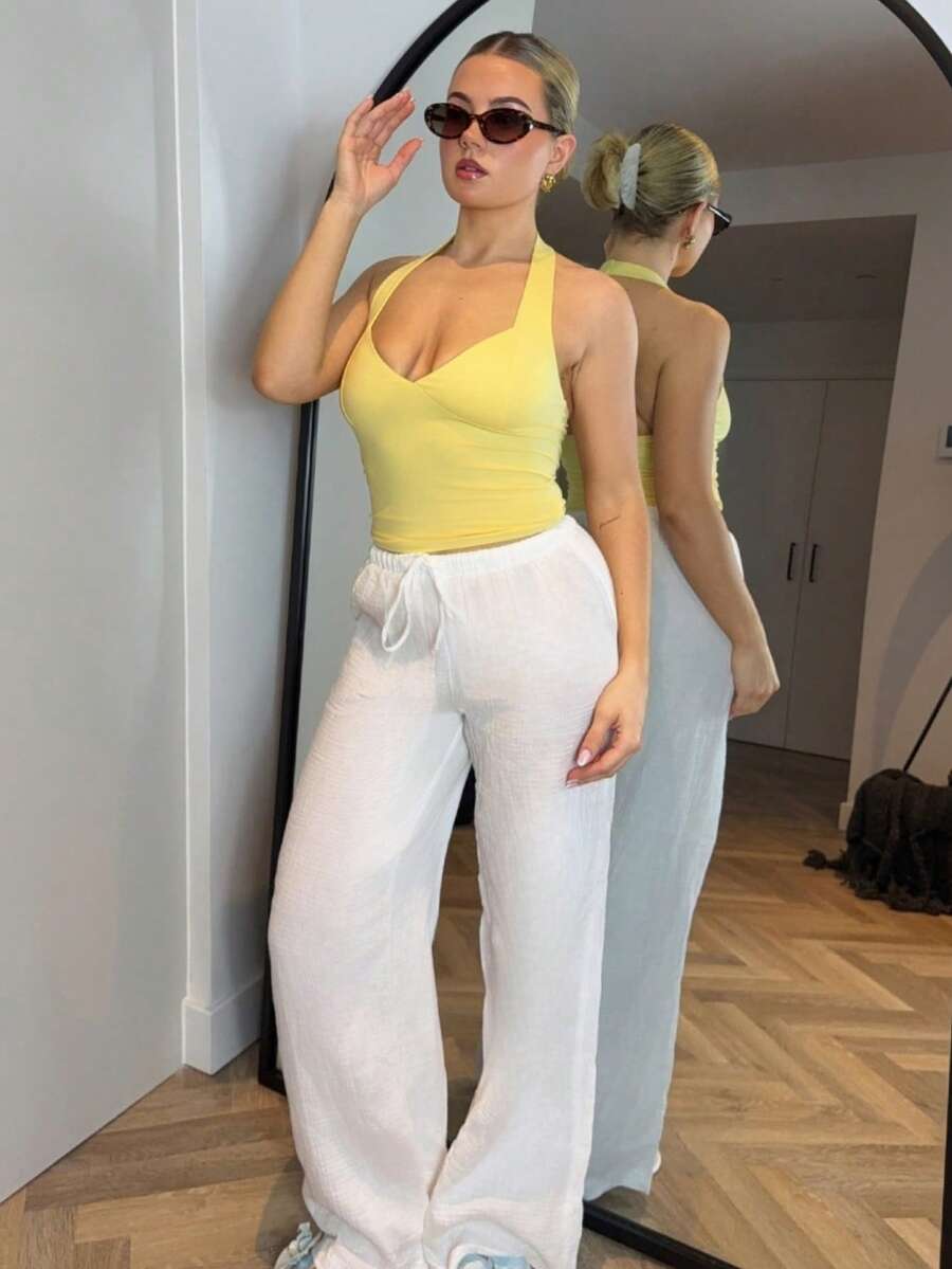 Bethéva 女式超低腰休闲有机棉直筒裤 - 白色 - 查看 1