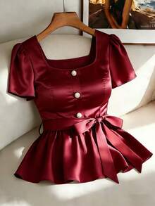 New Arrival Wine Red Square Collar Cinched Waist Ruffle Hem Pearl Button Casual Commuter Versatile Elegant Slim Fit Blouse For Women - Red - View 1