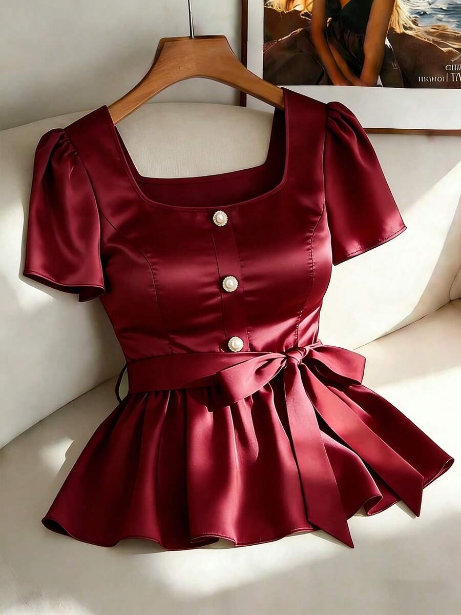 New Arrival Wine Red Square Collar Cinched Waist Ruffle Hem Pearl Button Casual Commuter Versatile Elegant Slim Fit Blouse For Women - Red - View 1
