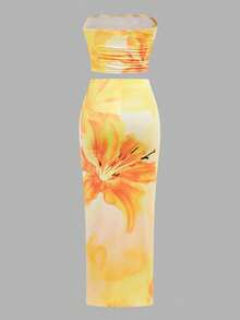 SHEIN 少女休闲日常方领短袖上衣和打底裤套装，水洗面料，方领修身吊带背心搭配半身裙 - 彩色 - 查看 2