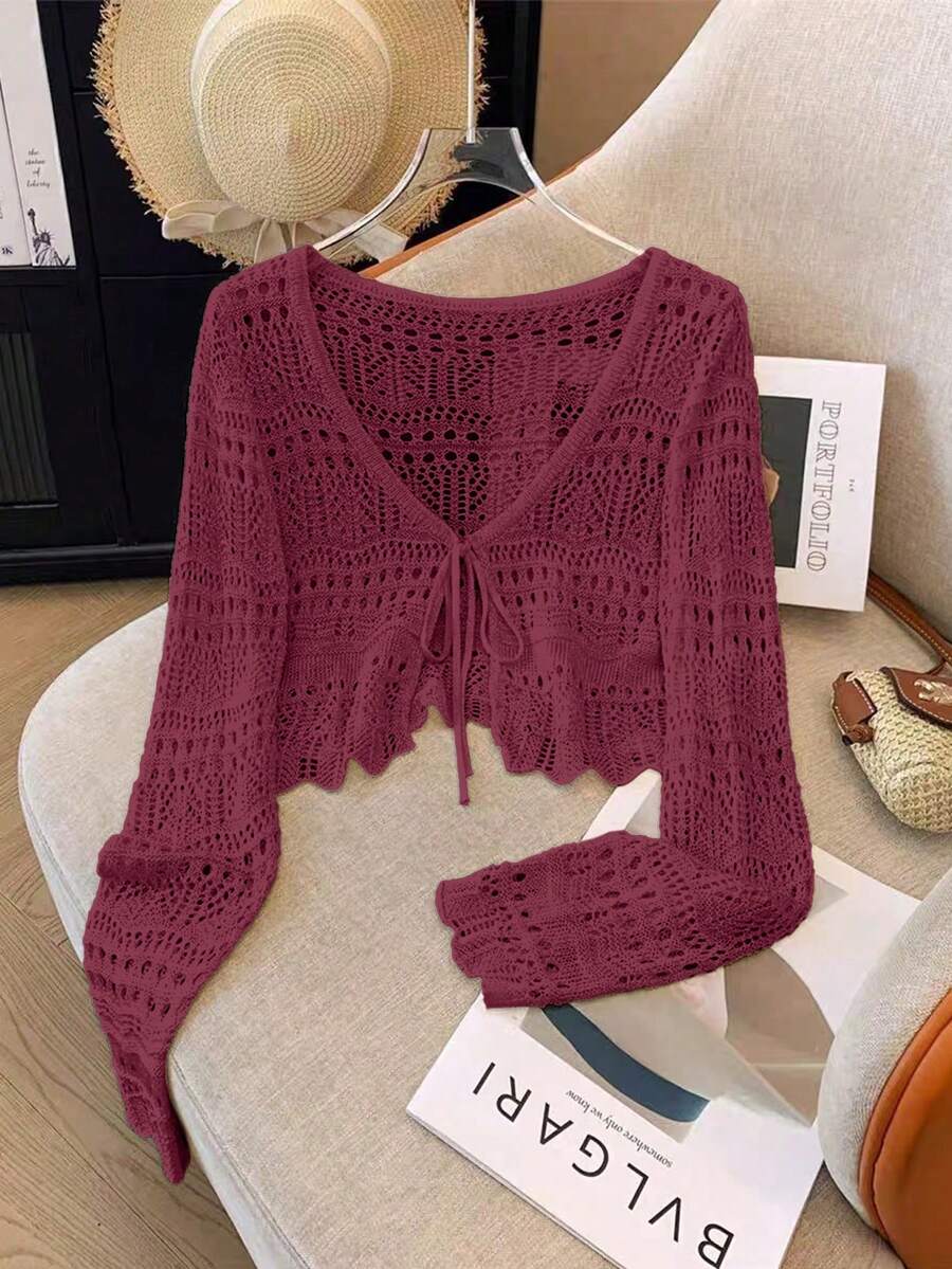 Franclia New Solid Color Hollow Crochet Lace Lightweight Cardigan, Versatile Outerwear For Women - Burgundy - View 1