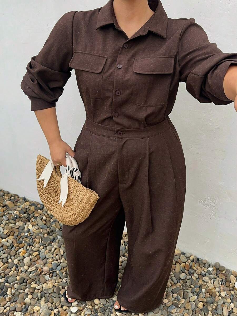 Dazy Plus 女士宽松商务休闲轻薄连体裤，棕色，带大口袋，适合春夏办公及街头穿着 - 棕色 - 查看 1