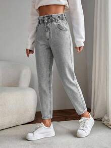 EURMUSE Elastic Waist Mom Fit Jeans - Light Wash - View 3