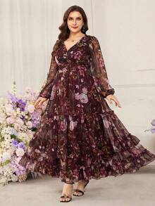 Modelyn Vestido midi elegante de talla grande para mujer con mangas farol, cintura ceñida y estampado floral - Burdeos - Ver 5