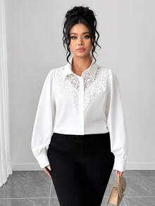 Elenzga Plus Size Women's Solid Color Contrast Lace Long Sleeve Single-Breasted Shirt Teachers' Day Semi Formal White Autumn Elegant - White - View 1
