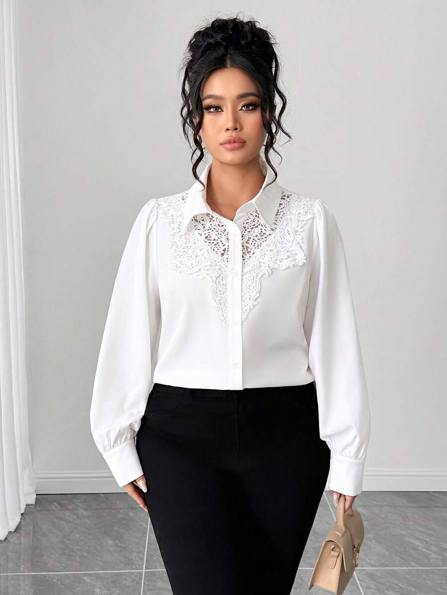 Elenzga Plus Size Women's Solid Color Contrast Lace Long Sleeve Single-Breasted Shirt Teachers' Day Semi Formal White Autumn Elegant - White - View 1