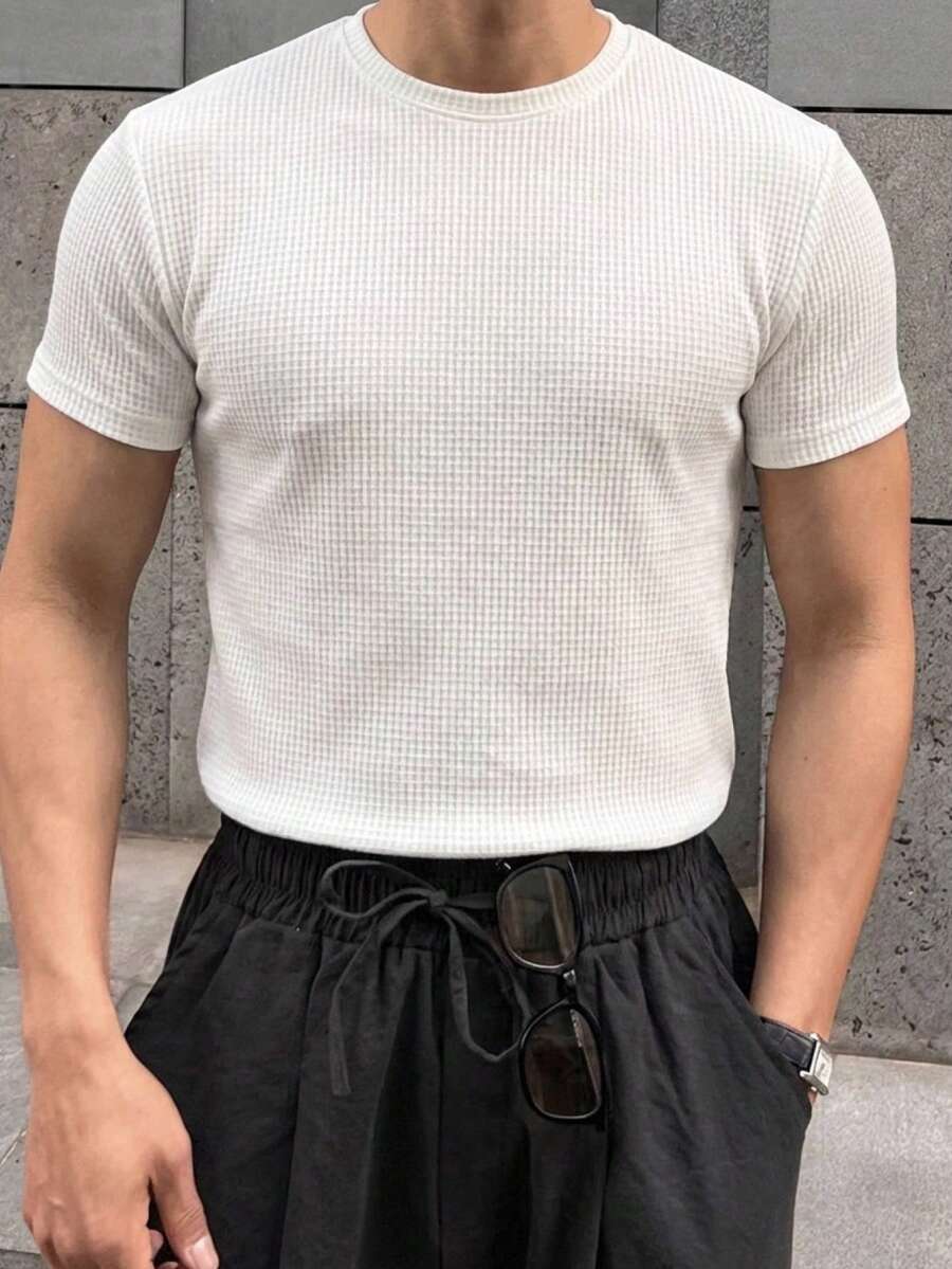 DAZY Camiseta de manga corta de unicolor para hombre, tela texturizada color albaricoque, para verano - Albaricoque - Ver 1