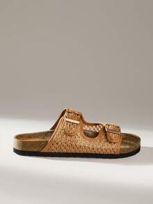 Solecia 女士鞋履春夏新款双扣带调节设计露趾平底休闲度假保暖凉拖鞋，适合旅行度假、海边旅行 - 暖棕色 - 查看 3