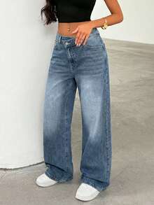 SHEIN PETITE Women's Thick Denim Wide Leg Pants With Oblique Placket, Blue - Medium Wash - View 5