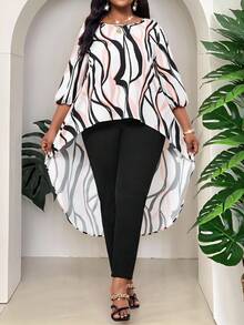 SHEIN Lady 春夏优雅通勤办公休闲波西米亚风彩色编织圆领高低袖七分袖大码衬衫 - 彩色 - 查看 3