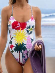 SHEIN Swim Vcay Áo tắm liền thân in hình cây dừa dành cho nữ, thích hợp cho kỳ nghỉ biển, tiệc bể bơi, tiệc bãi biển. - Nhiều màu - Xem 4