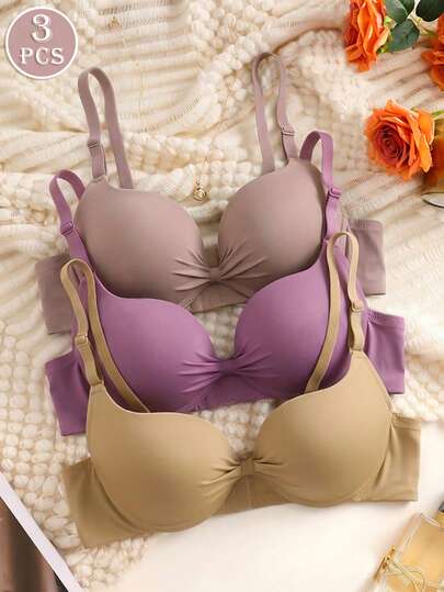 DesireSculpt 3pcs Black & White Solid Color Underwire Padded Full Coverage Bras