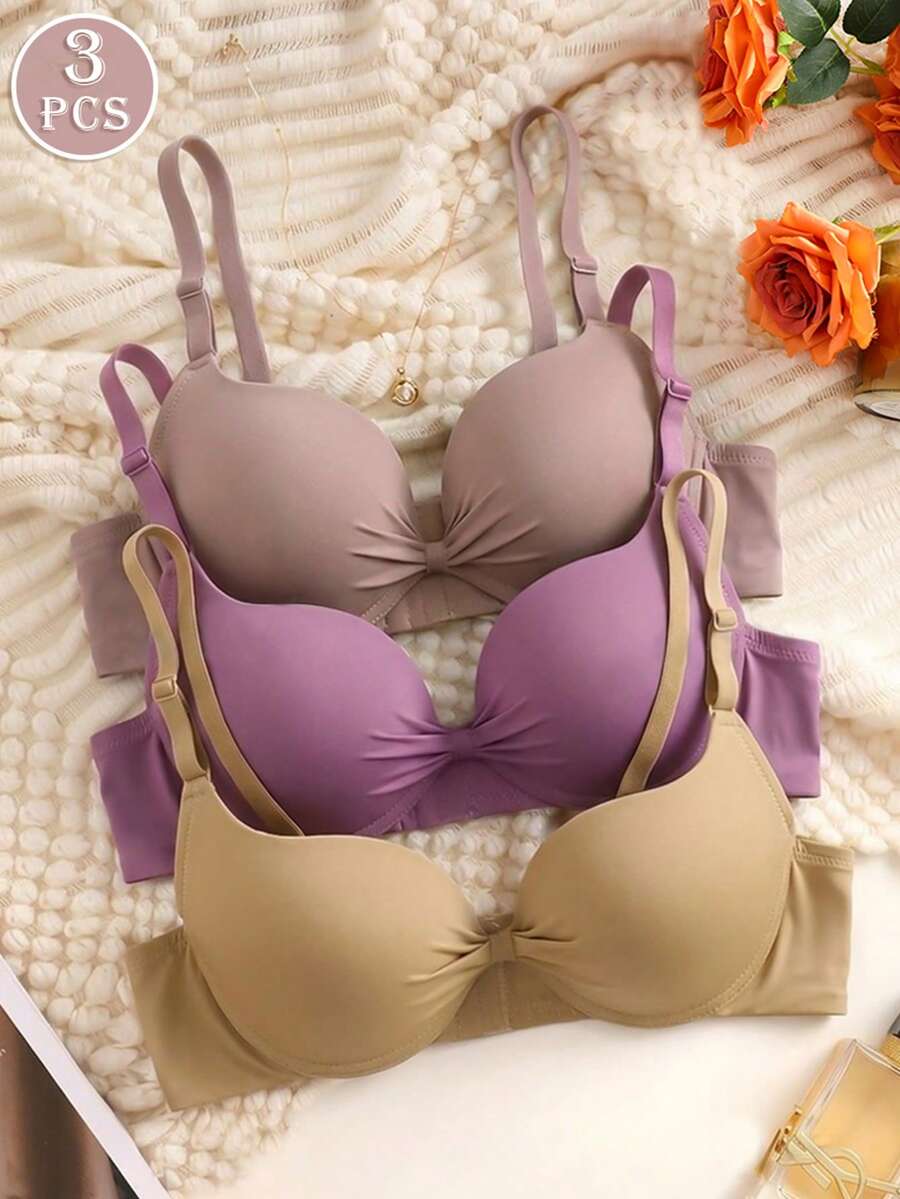 DesireSculpt 3pcs Black & White Solid Color Underwire Padded Full Coverage Bras - Multicolor - View 1