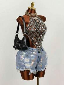 Quần short denim nữ thời trang rách dáng ôm, đa năng cho mùa hè. - Màu xanh lam - Xem 3