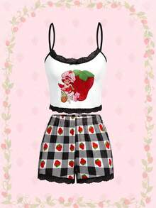 Strawberry Shortcake | ROMWE Bộ đồ ngủ nữ dễ thương họa tiết hoạt hình, áo hai dây viền ren và quần short kẻ caro, kiểu dáng thường ngày. - màu đen - Xem 1