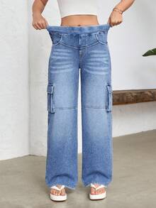 Flexra Women's Casual Washed Straight Leg Cargo Jeans - Blue - View 8