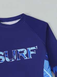 SHEIN Tween Boys Swimwear,Navy Blue Summer Funny Beach Vacation Gift Holiday Rash Guard,2-Piece Set Long Sleeve SURF Letter Tropical Leaf Print - Navy Blue - View 4