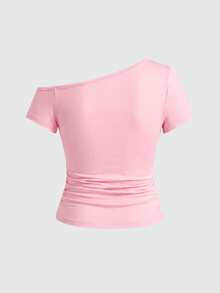 ROMWE Grunge Punk Blusa de manga corta ajustada con hombros oblicuos, estampado de bandera británica retro Y2K y remaches de strass para mujer - Rosa - Ver 2