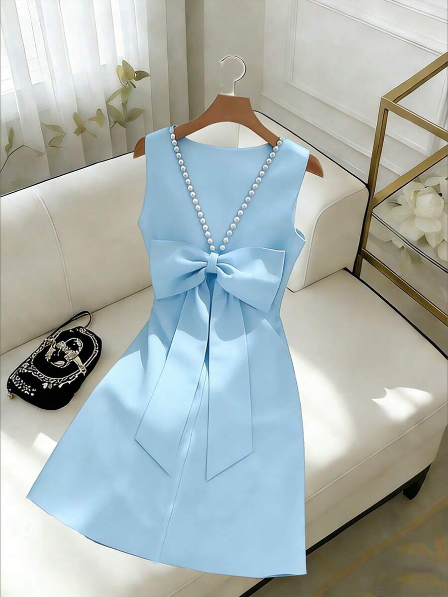GlowEve Women's Red Backless Beaded Bow Decor Sleeveless Dress - Blue - View 1