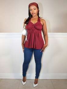 Steph T 女士酒红色扭纹后背挂脖背心 - 酒紅色 - 查看 1