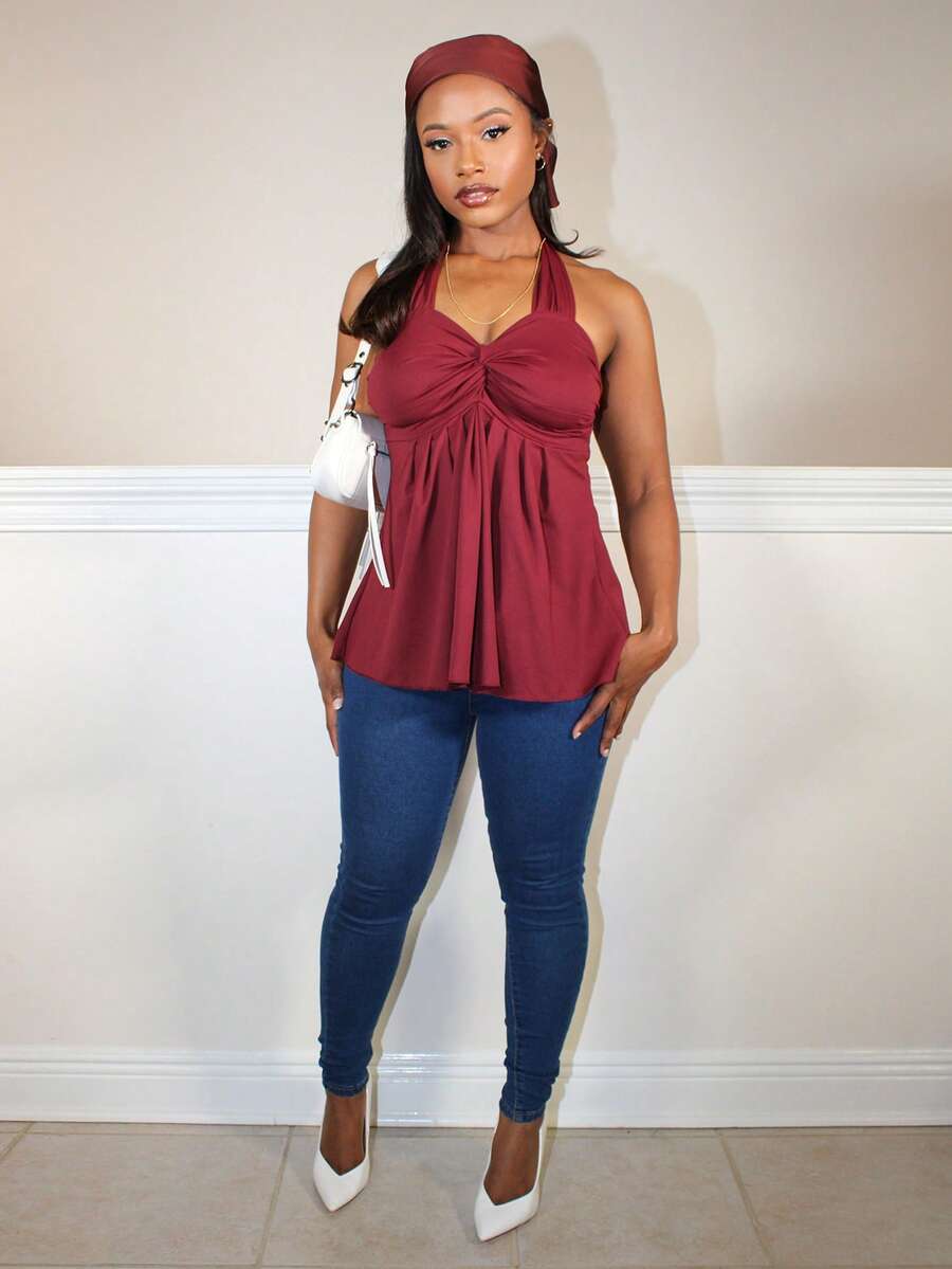 Steph T 女士酒红色扭纹后背挂脖背心 - 酒紅色 - 查看 1