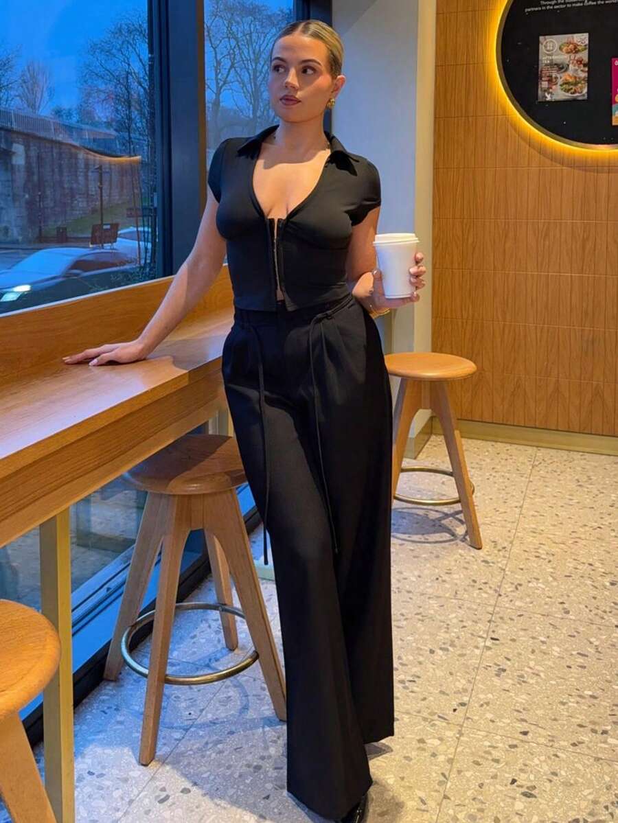 Bethéva Spring & Summer Women Romantic/Prom/Formal/Birthday/90s/Business Casual Woman/Elegant/Western Wear/Going Out/Fashion/Casual/Y2k/Club/Office /Vintage/Rave Festival/Funny/Classy/Old Money/Streetwear/Vacation/Country Concert/Work/Modest/Spring Break/Bachelorette/Concert/Baddie/Basic/Graduation/Low Rise Baggy Wide Leg Pants - Black - View 1