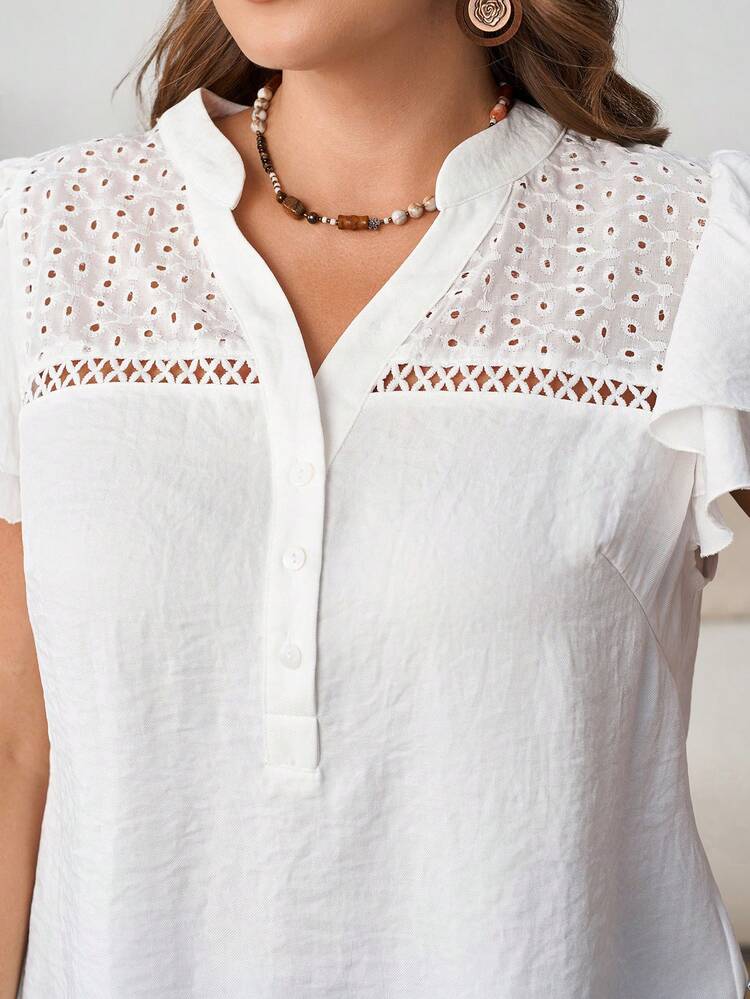 Plus Size Women Hollow Embroidery V-Neck Ruffle Short Sleeve Blouse