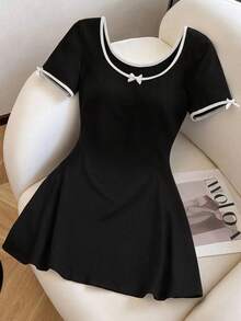 SHEIN Tween Girls' Black Knit Casual Bow Decor Waist Cinched A-Line Short Sleeve Dress, Summer - Black and White - View 3