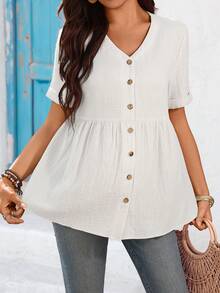 SHEIN Pregnant Women's Casual Solid Color V-Neck Short Sleeve Top - White - View 5