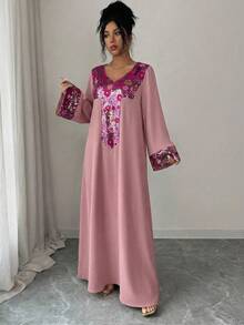 Yasmyna Women's Colorful Floral Beaded Patchwork Loose Elegant Arabic Style Dress - Multicolor - View 3