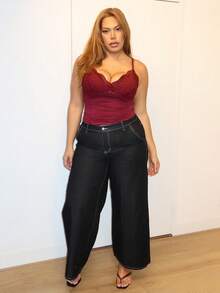 MelDlgn Plus Size Women's Summer Solid Color Contrast Lace Pleated Slim Fit Camisole Top - Burgundy - View 4