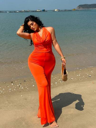 Sunnyshic 大码女士热带度假风性感露背系带垂褶领紧身纯色针织连体裤，春夏款