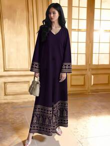 SHEIN Najma 女士花卉几何对称印花V领长袖连衣裙，优雅阿拉伯风格连衣裙，春夏款 - 彩色 - 查看 3