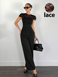 Siren Gaze Elegant Black Summer Lace-Trimmed Top And High-Waisted Wide-Leg Pants 2 Pieces Set,Women's Stylish Commuter Office Suit,Party Night Casual Formal Wear - Black - View 3