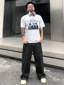 DAZY 男士黑色长款字母印花牛仔裤，适合春秋季穿着 - 黑色 - 查看 3