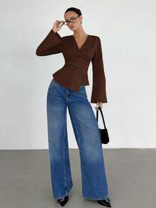 Siren Gaze Women's Solid Color Long Sleeve Pleated Asymmetric Hem Fashion Blouse - Coffee Brown - View 4