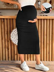 SHEIN Maternity Casual Solid Color Adjustable Waist Skirt - Black - View 1