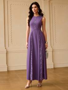 ZEYLAH Women's Round Neck Lace Elegant Waist Cinching Long Party Dress - Purple - View 5