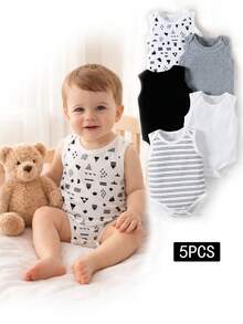 SHEIN 5pcs/Set Baby Boy's Comfortable Casual Multi-Color Knitted Bodysuits With Stretch, Summer - Multicolor - View 9