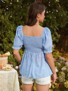 SHEIN Maternity Shirt With Frill Trim, Diamond Neckline, Double-Layer Bust Cup, A-Line Hem, Laser Cut Fabric - Baby Blue - View 2